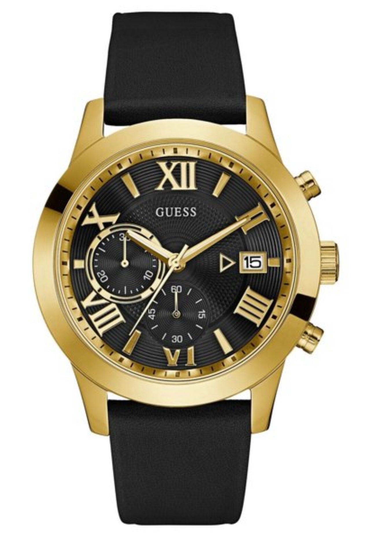 GUESS Classic Black Genuine Leather Chronograph Watch with Date U0669G4